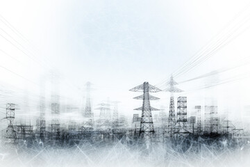 Electricity pylons and high voltage lines in a foggy forest