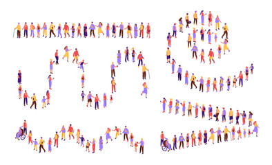 Top view people in line. Customers line of diverse people forming various line shapes, community crowd stay and wait isometric vector illustration set
