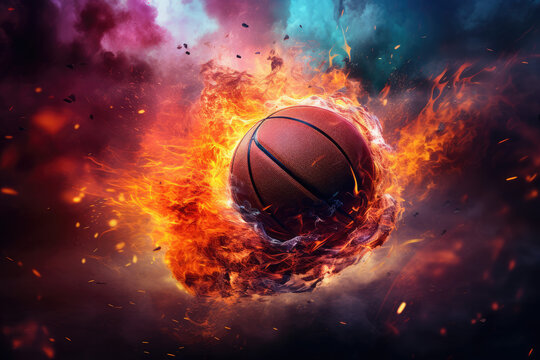 Basketball in fire flames with effect of explosion. 3d illustration