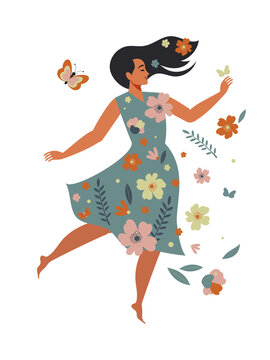 Happy woman in floral dress dancing in harmony with her mental health and isolated on white background for Women's Day spring cards. 