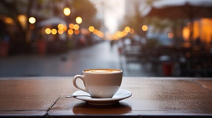 Obraz premium Hot fresh coffee on cafe table,blurred light background