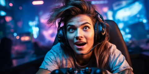 Excited young gamer with intense expression playing video games in a dark room illuminated by screen glow, the epitome of immersive gaming experience