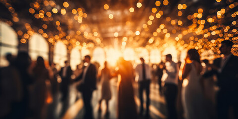 Blurred figures of people dancing in a hall with glowing bokeh lights, capturing the warm, festive atmosphere of a joyous celebration or elegant event