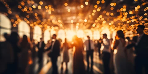 Foto op Plexiglas Blurred figures of people dancing in a hall with glowing bokeh lights, capturing the warm, festive atmosphere of a joyous celebration or elegant event © Bartek