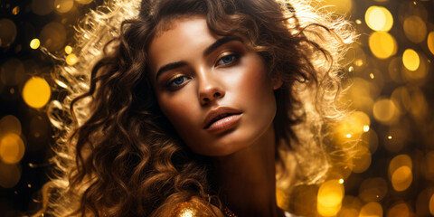 Ethereal beauty portrait of a serene young woman adorned with golden glitter, embodying elegance and luxury in a universe of shimmering gold particles