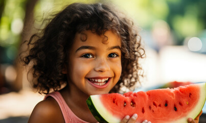 Cheerful young girl enjoying a fresh slice of watermelon outdoors on a sunny day, with a playful smile and eyes full of delight