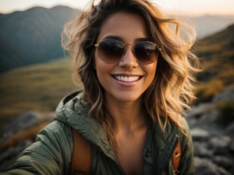 Close-up high-resolution image of a beautiful woman take selfie while hiking in a mountain.