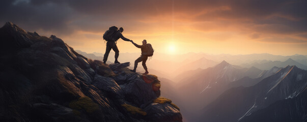 Two fiernds - hikers on the mountain top. Help each other to reach the mountain top
