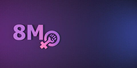 3D letters form the word 8M and a logo merge on a wooden background, wrapped in violet and pink lights, symbolizing empowerment, horizontal view - obrazy, fototapety, plakaty