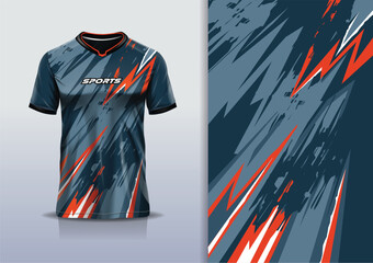 T-shirt mockup with abstract stripe line grunge rustic racing jersey design for football, soccer, racing, esports, running, in gray orange color © Nimpuna O