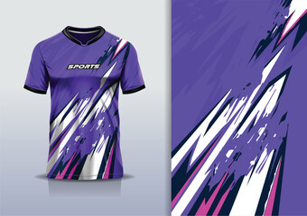 T-shirt mockup with abstract stripe line grunge rustic racing jersey design for football, soccer, racing, esports, running, in purple color