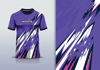 T-shirt mockup with abstract stripe line grunge rustic racing jersey design for football, soccer, racing, esports, running, in purple color © Nimpuna O