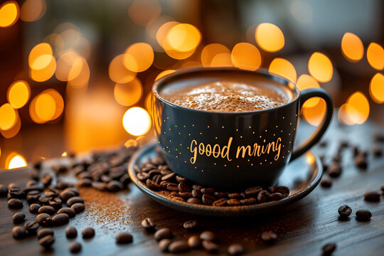 GOOD MORNING TEXT ON A CUP OF coffee photoreal ,Chocolate day, Valentines Day, Valentines week
