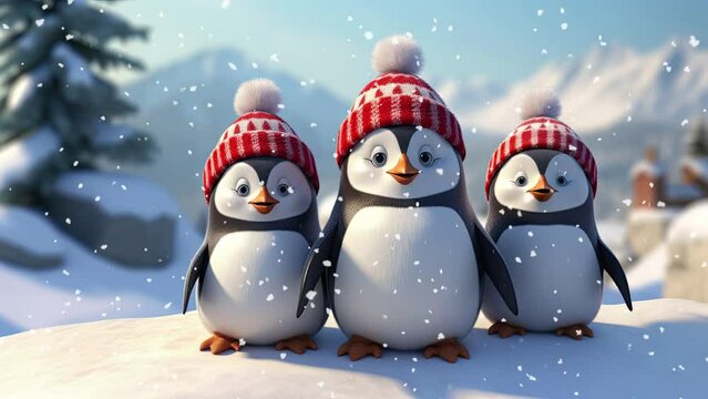 Cute Cartoon Penguins with Falling Snow