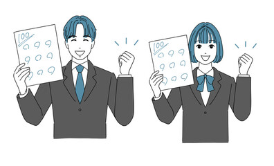 100点を取ってガッツポーズする男子生徒と女子生徒