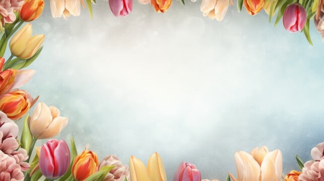 Spring background with tulips. Conception holiday, March 8, Mother's Day. Neural network AI generated art