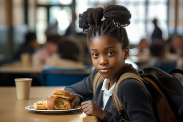 Generative AI picture of school child eating lunch at school canteen