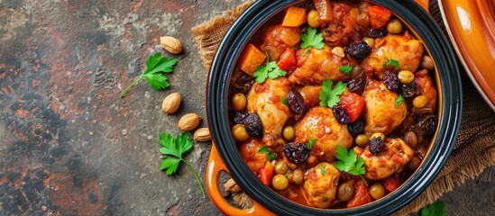 Chicken tajine with dried fruits and spices, from Morocco, seen from above.