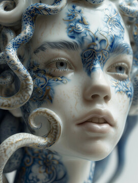 Blue and Gold Painted Porcelain Sculpture of Medusa