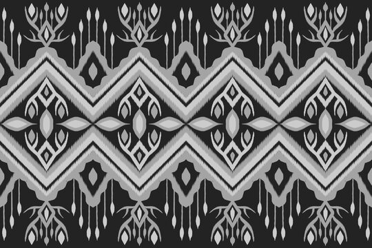 Ikat pattern background including repeated elements, traditional style, ethnic, embroidery, classic, vintage, floral hand drawn design with textured lines, for home decor, curtain, fabric, clothing.