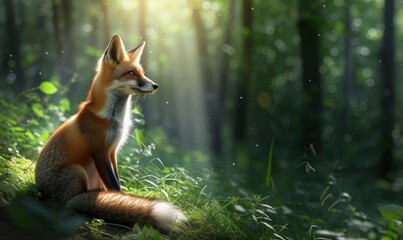 Naklejka na ściany i meble Red fox sitting on the grass in the forest