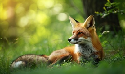 Red fox sitting on the grass in the forest