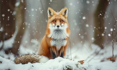 Red fox in winter forest. Beautiful wild animal in winter forest.