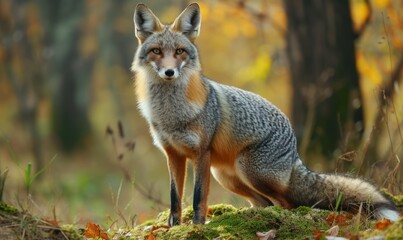 Gray fox sitting in a forest in autumn, Gray fox (Urocyon cinereoargenteus)