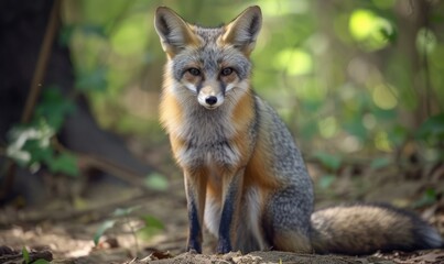 Naklejka na ściany i meble Gray fox sitting in a forest in autumn, Gray fox (Urocyon cinereoargenteus)