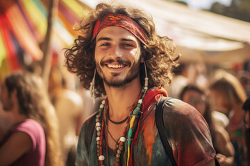 Fototapeta na wymiar Funny happy hippie best friends on festival concert retro party event nature Generative AI