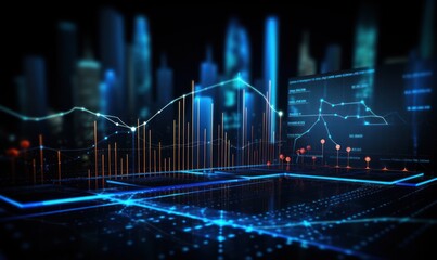 cityscape with financial charts on a dark background