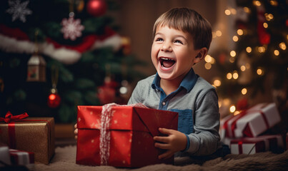 Fototapeta na wymiar Happy cute boy is surprised in opening his christmas presents