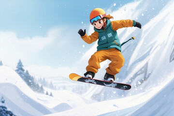 a snowboarder is in the air, grabbing their board with one hand and extending the other arm for balance. They are wearing a green vest, orange helmet, and goggles. The background features a snow-cover