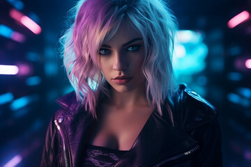Obraz na płótnie Canvas Generative AI picture of a beautiful woman in futuristic cyberpunk cyborg city with neon colors