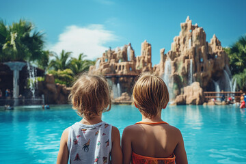 Fototapeta na wymiar Summer holidays children in aquapark having fun sliding water splash Generative AI picture