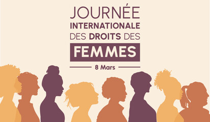 Journée internationale des droits des femmes - 8 mars - Bannière vectorielle présentant différents profils de femmes modernes de différentes cultures - Égalité féminine - Design moderne poétique  - obrazy, fototapety, plakaty