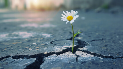 Concept with a daisy flower growing from a crack in the asphalt in the city center. - obrazy, fototapety, plakaty