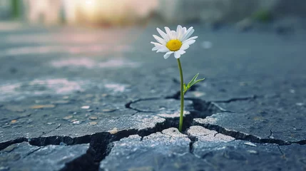 Gartenposter Concept with a daisy flower growing from a crack in the asphalt in the city center. © Oleg Kolbasin
