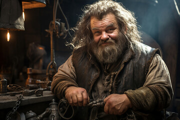 Generative ai picture collage of aged  dwarf warrior with beard forging weapon in tent