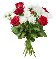 bouquet of roses and chrysanthemums on a white isolated background