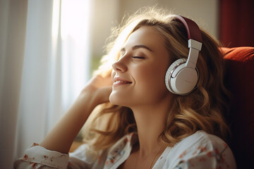 Photo image of a happy smiling person listening to relaxing calm classical music indoors created...