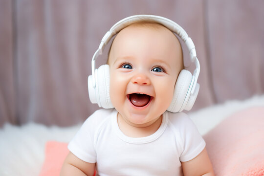Portrait photo of a little funny cute child listening to music at home indoors generative AI