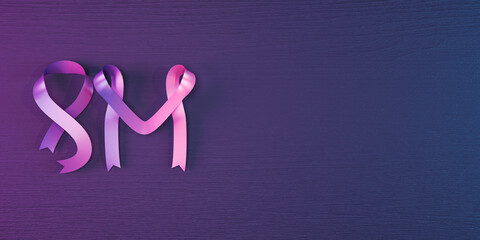 Letters sculpted with ribbons on a vibrant violet wood textured background, celebrate female diversity, 3d illustration