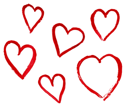 outlines of hearts drawn with watercolor red paint on a white isolated background