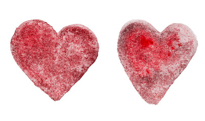 two burgundy hearts drawn with watercolor paints on a white isolated background