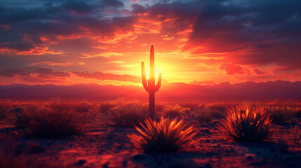 Amidst the vast desert expanse, a lone cactus stood resilient, casting a dramatic shadow against the fiery sunset. 