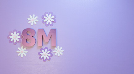 3D letters 8M intertwine with flowers and petals on a soft pink-lilac canvas, symbolizing feminine strength.