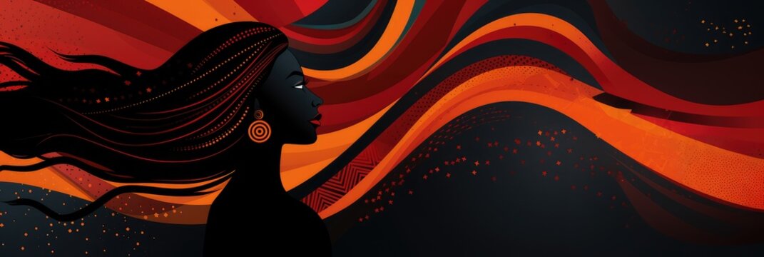 Silhouette of a beautiful black African woman with wavy hair on a tribal background. black and orange for black history month 