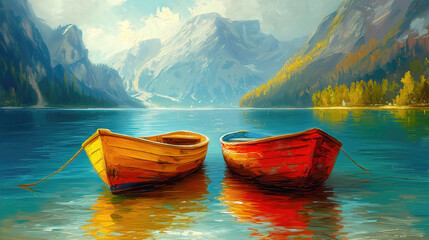 fishing boats on the lake with mountains in the background, oil painting. - obrazy, fototapety, plakaty