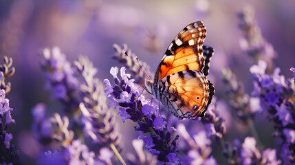 A beautiful red butterfly sits on a beautiful lavender flower in a lavender field